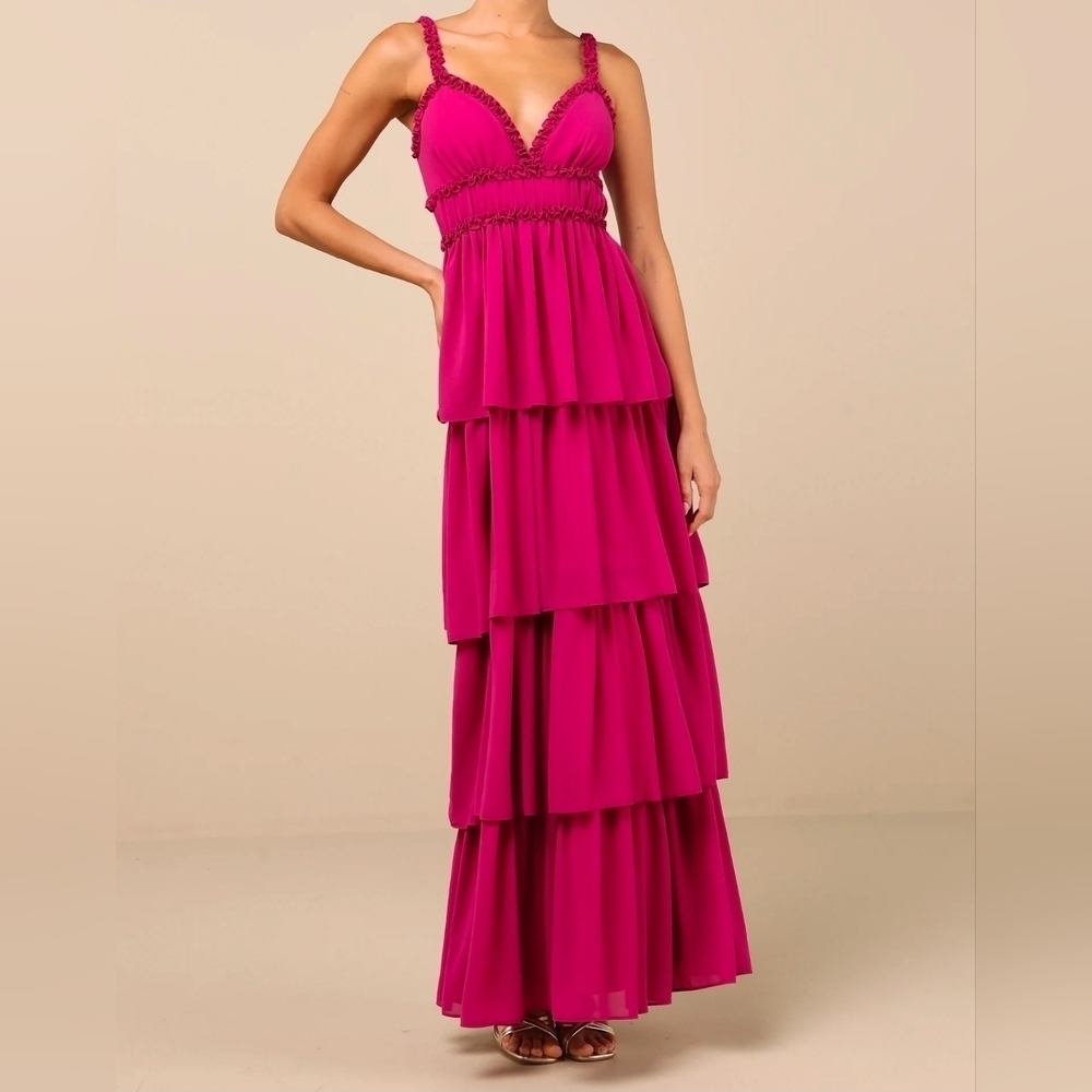 Lulus Olimpia Berry Pink Ruffled Tiered Sleeveless Maxi Dress, Size Small
